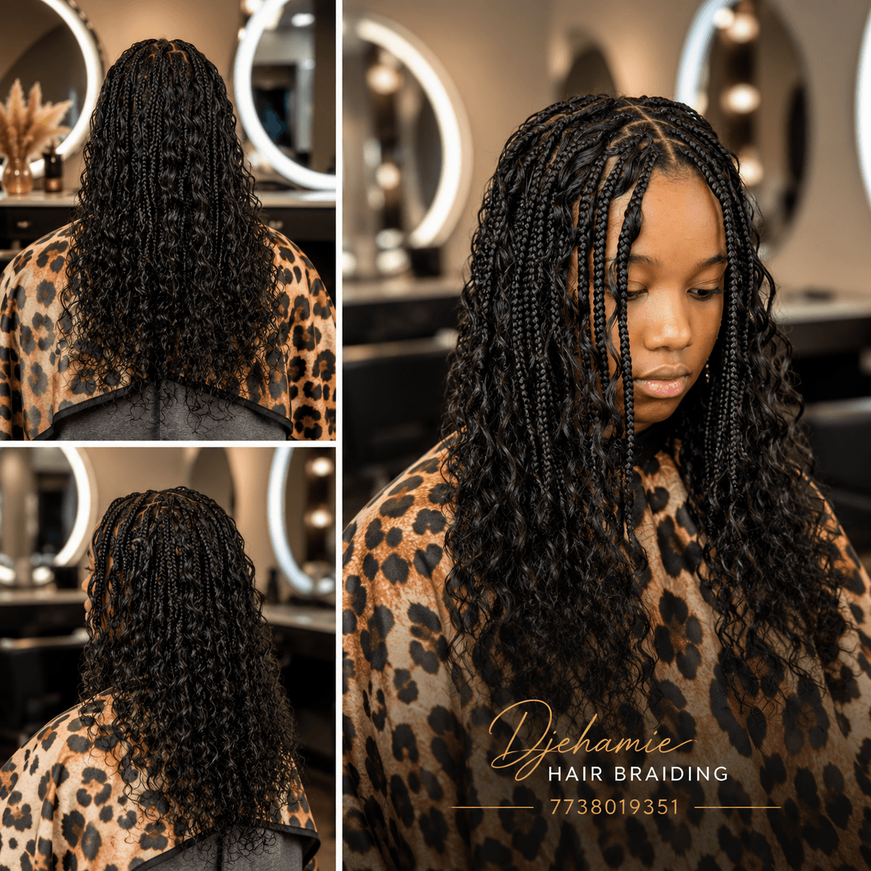Black boho knotless braids with curly finish