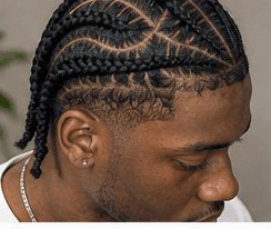 Men's cornrows in curved design patterns